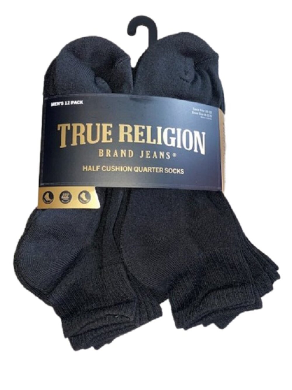 True Religion 12 Pair Men's Black Half Cushion Quarter Socks Sock Size 10-13